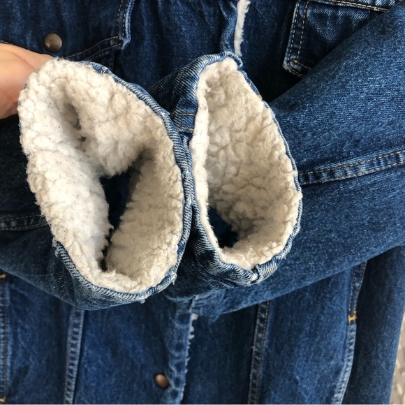 Vintage Denim White Sherpa Lined Shacket Button Up Jacket Dark Wash Work Coat - Picture 15 of 16